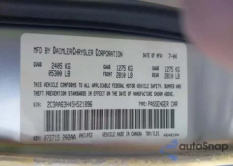 2005 Chrysler 300C из США, поврежденный, VIN 2C3AA63H45H521896